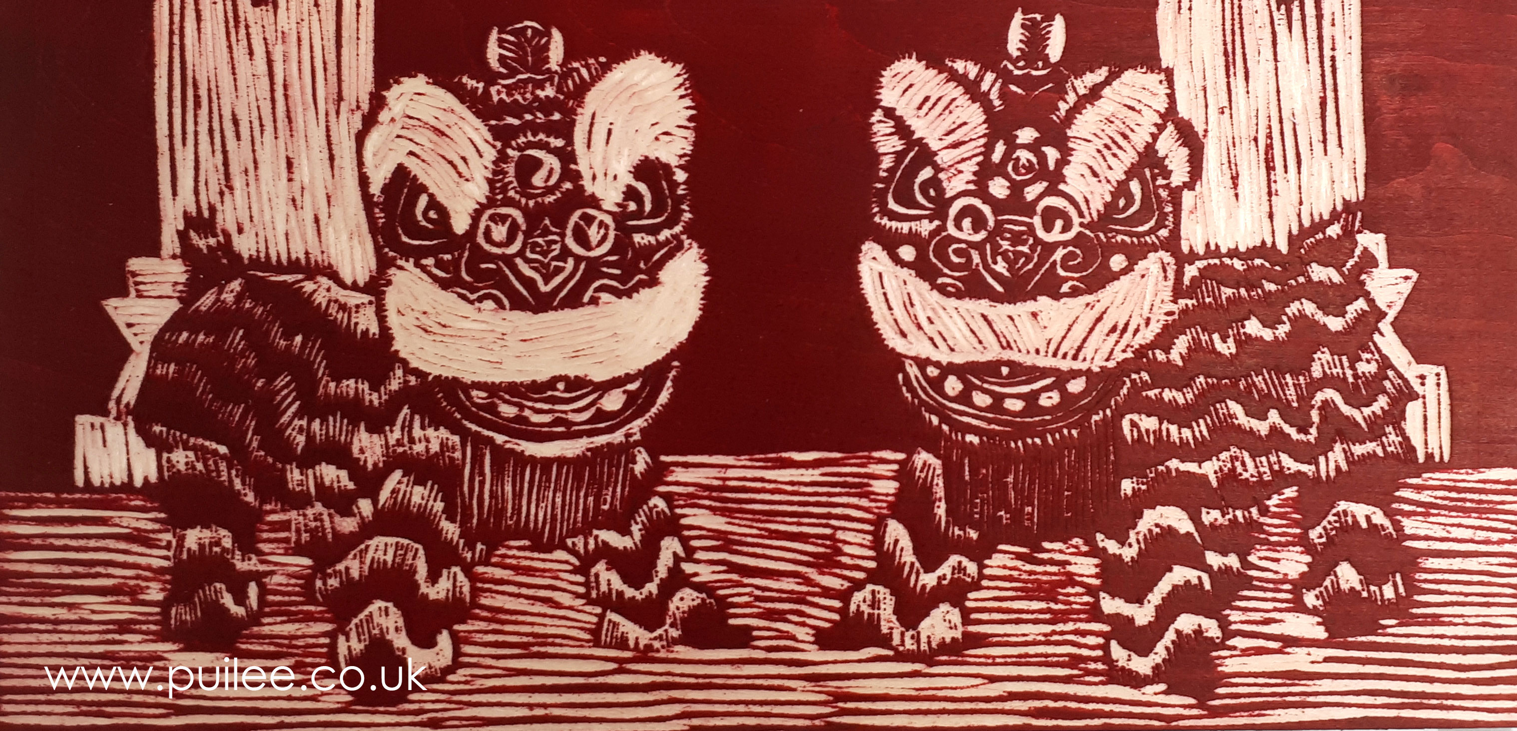 Two Chinese Lion Dancers (2018) - woodcut on Fabriano - Pui Lee